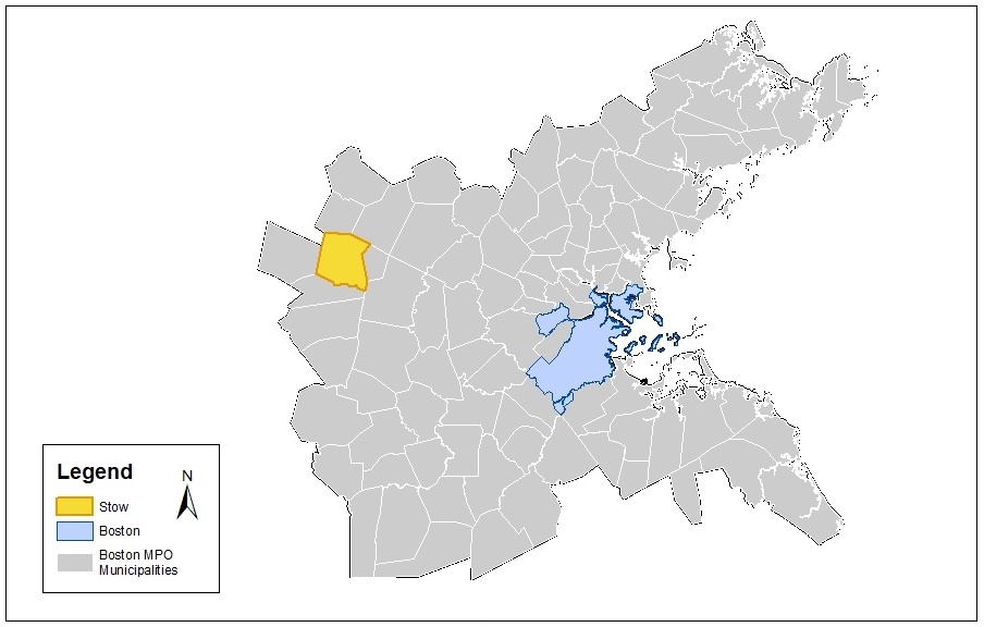 Figure 1 - Stow within the Boston MPO Region. A map of the Boston MPO Region that highlights the location of the Town of Stow relative to the City of Boston.